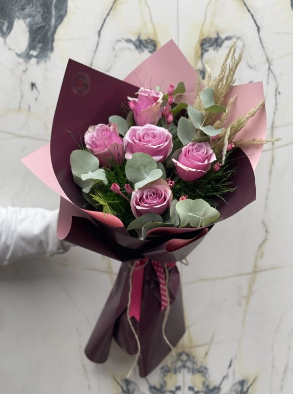 5 Li Pembe Gül Buketi